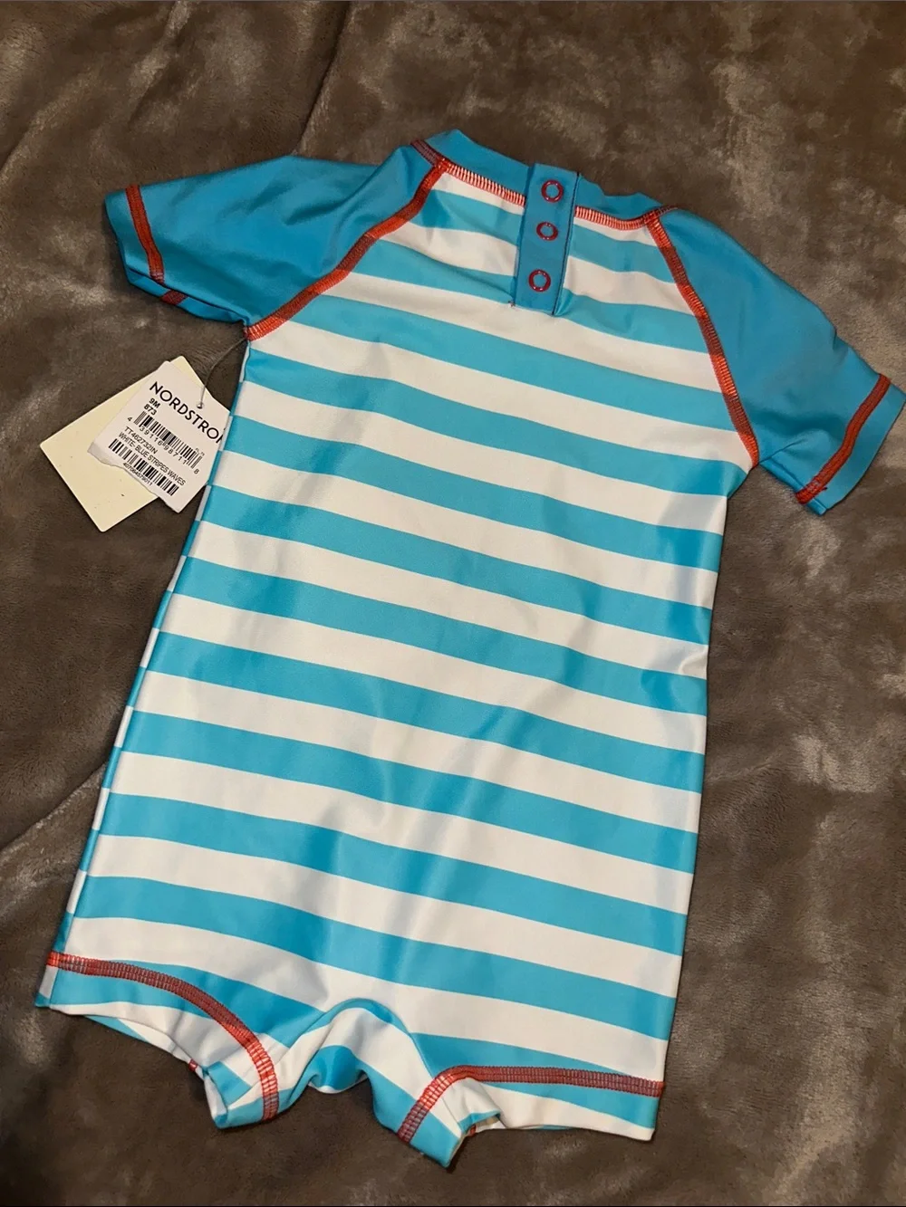 Nordstrom Blue & White Striped Short-Sleeve Swim Romper with Wave Graphic